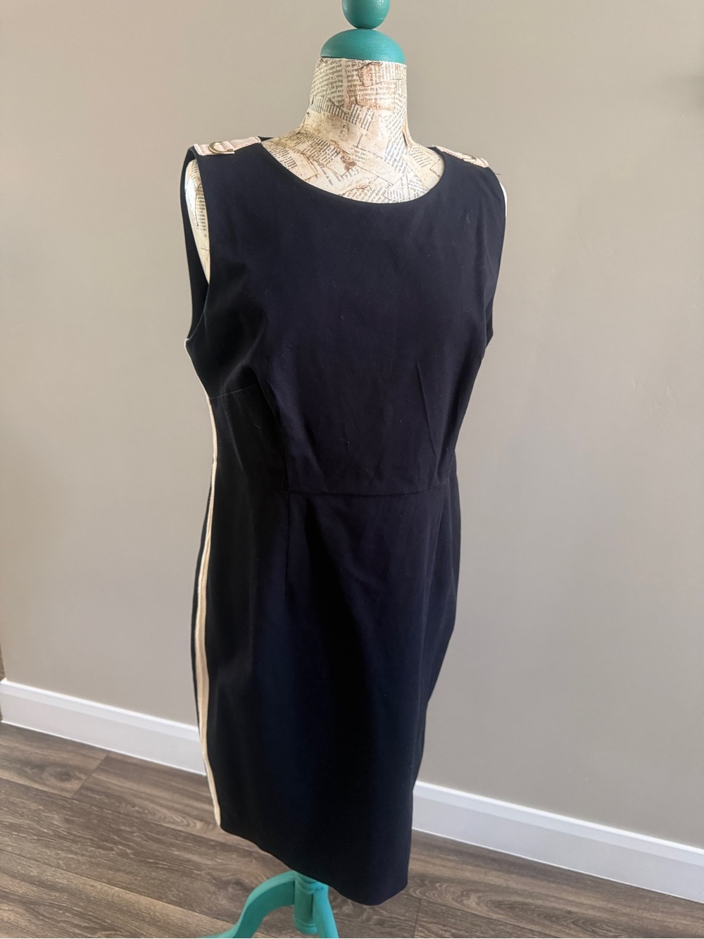 DKNY Classic Black Sheath Dress with Ivory Side Stripes